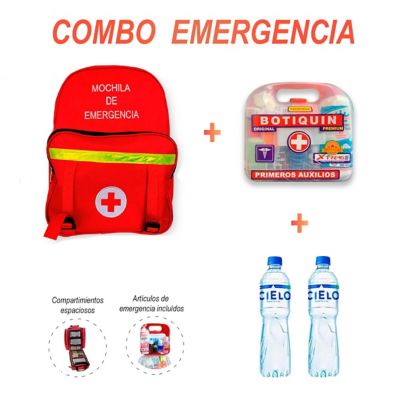 Mochila De Emergencia Roja+Botiquín+ 2 Botellas
