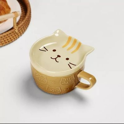 Juego de taza con plato diseño gato amarillo