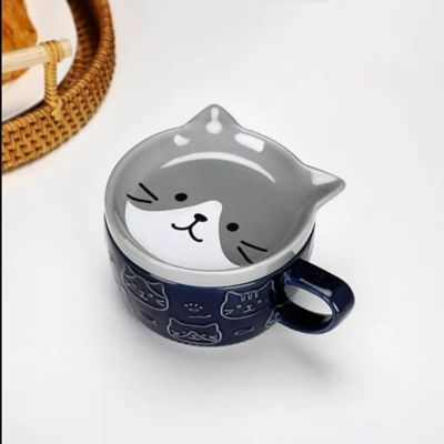 Juego de taza con plato kawai diseño gato gris
